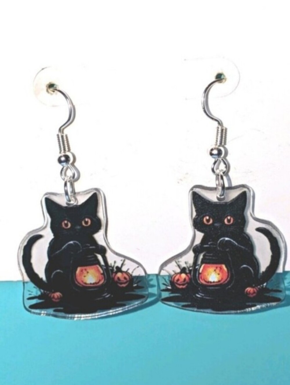 Black Cat Lantern Acrylic Earrings - Cute Cat Pet-Themed Jewelry